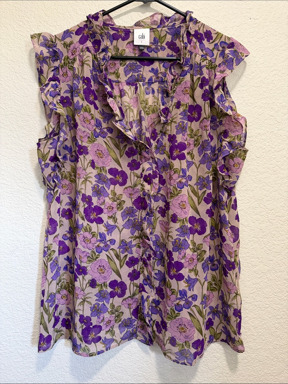 CAbi Lavender and Purple Floral Ruffle Sleeveless Top